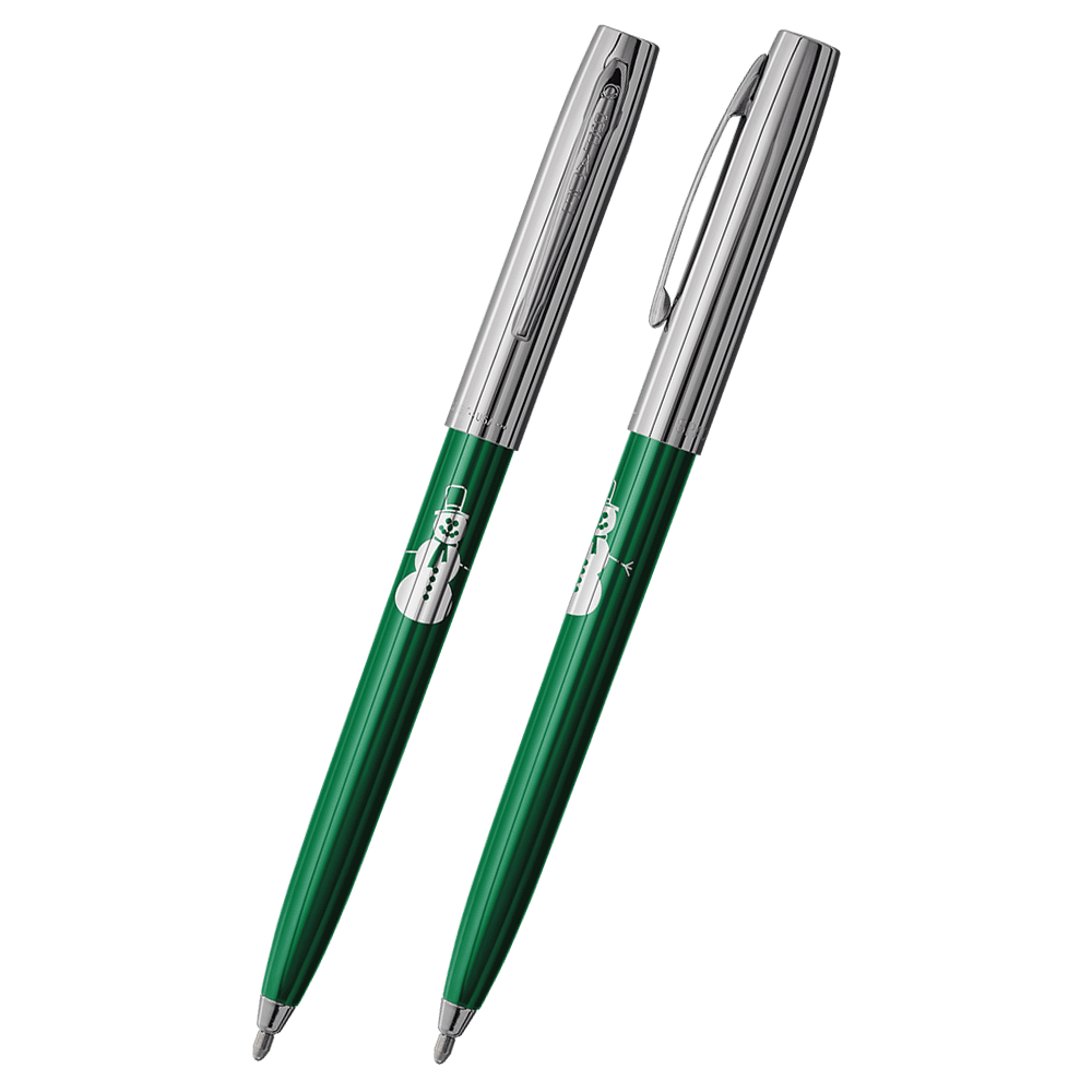 Front and side views of cap-o-matic space pen with green plastic barrel, chrome cap with clip, chrome tip, and imprinted snowman.