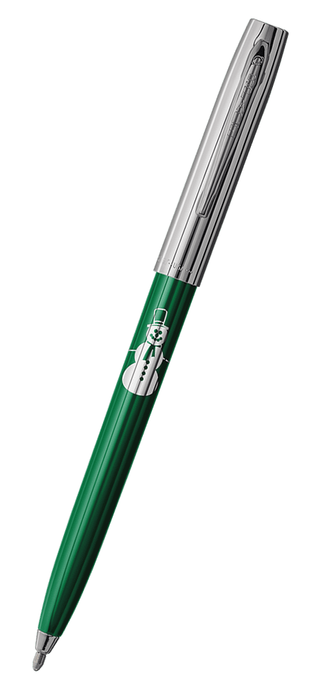 Cap-o-matic space pen with green plastic barrel, chrome cap with clip, chrome tip, and imprinted silver snowman.