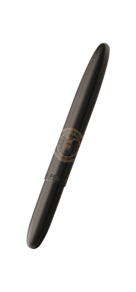 Closed 400BAF matte black bullet space pen with engraved United States Air Force insignia on cap