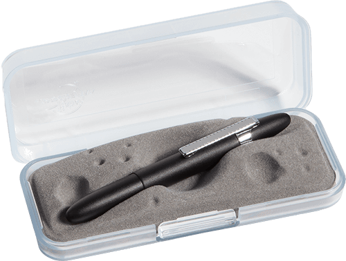 Closed 400BC-CL matte black bullet space pen in gift box. The gift box is opaque plastic with an insert textured like the moon.