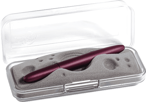 Closed 400H-319 Black Cherry bullet space pen in gift box. The gift box is opaque plastic with an insert textured like the moon.