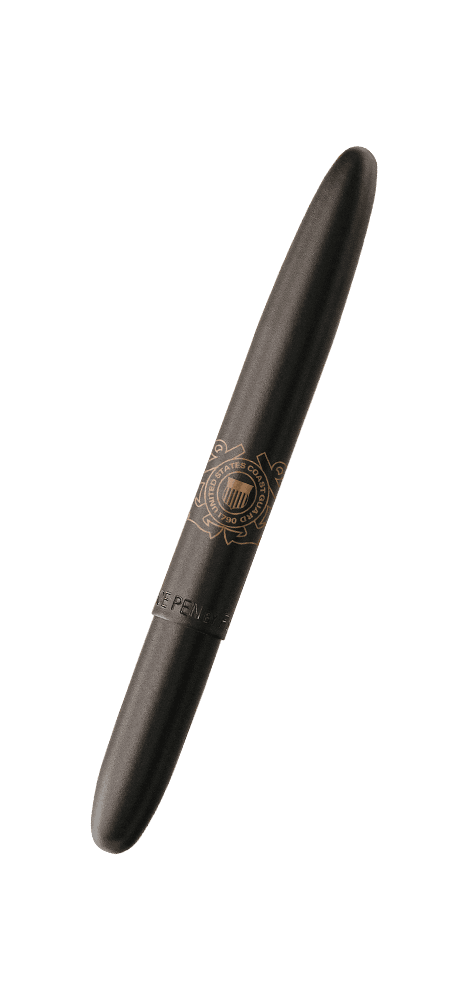 Closed 400BCG matte black bullet space pen engraved with the US Coast Guard insignia