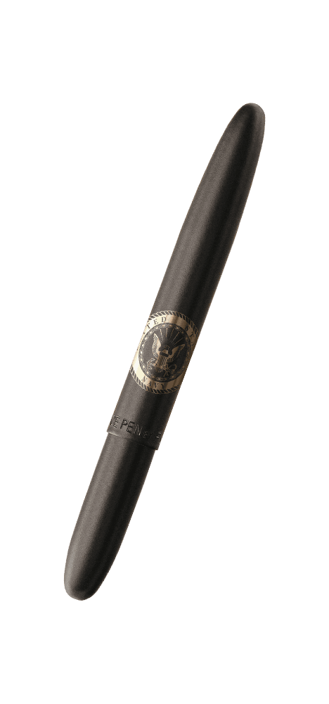 Closed 400B-NAV matte black bullet space pen with engraved US Navy insignia
