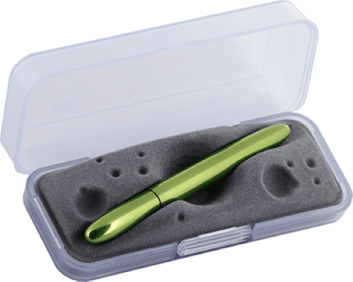 Closed 400LG-GFG green bullet space pen with gold colored grip in gift box. The gift box is opaque plastic with an insert textured like the moon.