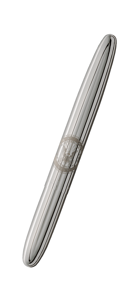 Closed chrome bullet space pen engraved with US Navy insignia