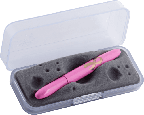 Closed 400PK/BCA pink bullet space pen engraved with breast cancer awareness ribbon in gift box. The gift box is opaque plastic with an insert textured like the moon.