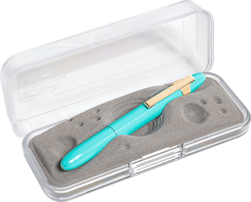 Closed 400TBL-GFGGCL turquoise blue bullet space pen with gold colored clip in gift box. The gift box is opaque plastic with an insert textured like the moon.