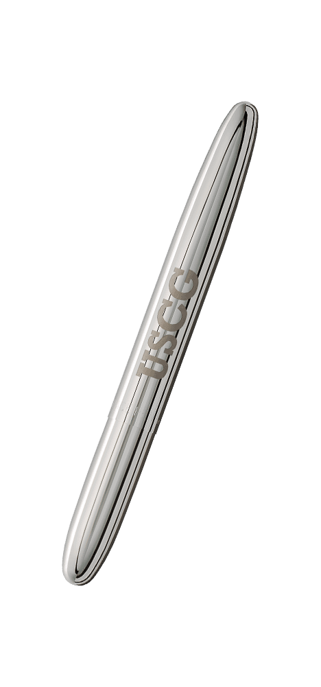 Closed 400USCG chrome bullet space pen with US Coast Guard USCG engraving
