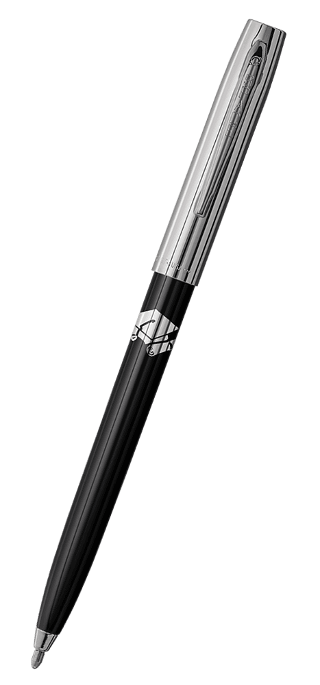 Cap-o-matic space pen with black plastic barrel, chrome cap with clip, chrome tip, and imprinted silver cap and diploma.