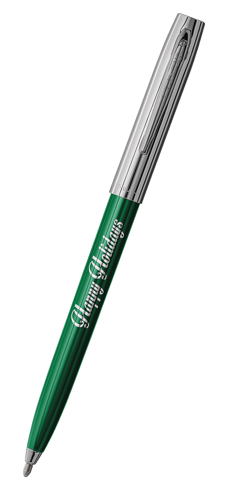 Cap-o-matic space pen with green plastic barrel, chrome cap with clip, chrome tip, and imprinted silver Happy Holidays.