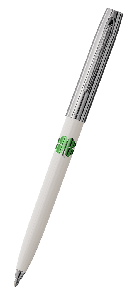 Cap-o-matic space pen with white plastic barrel, chrome cap with clip, chrome tip, and imprinted green four-leaf clover.