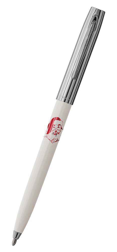 Cap-o-matic space pen with white plastic barrel, chrome cap with clip, chrome tip, and imprinted red Santa Claus.