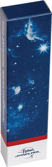 Fisher Space Pen Galaxy gift box. The box features a deep blue cosmic space design with stars and nebulae. The bottom has a white base with a red band and the 'Fisher Space Pen' logo
