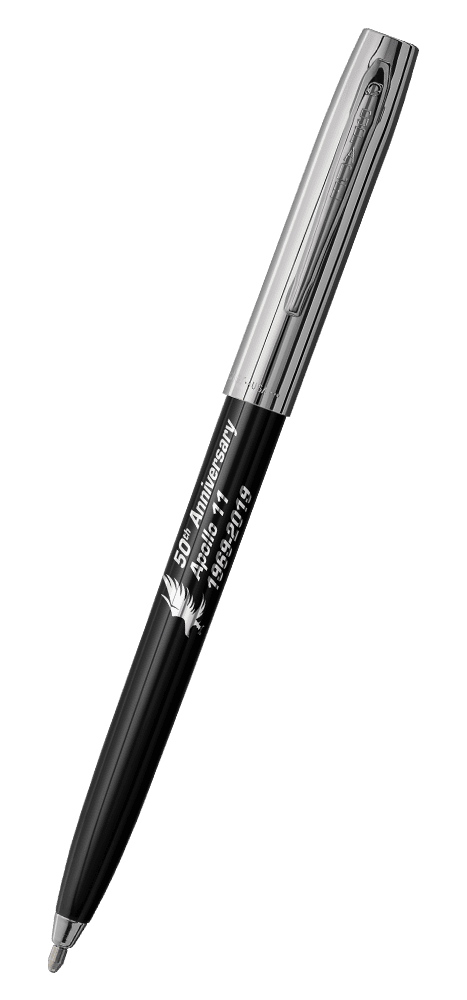 Cap-o-matic space pen with black plastic barrel, chrome cap with clip, chrome tip, and imprinted silver Apollo 11 50th Anniversary.