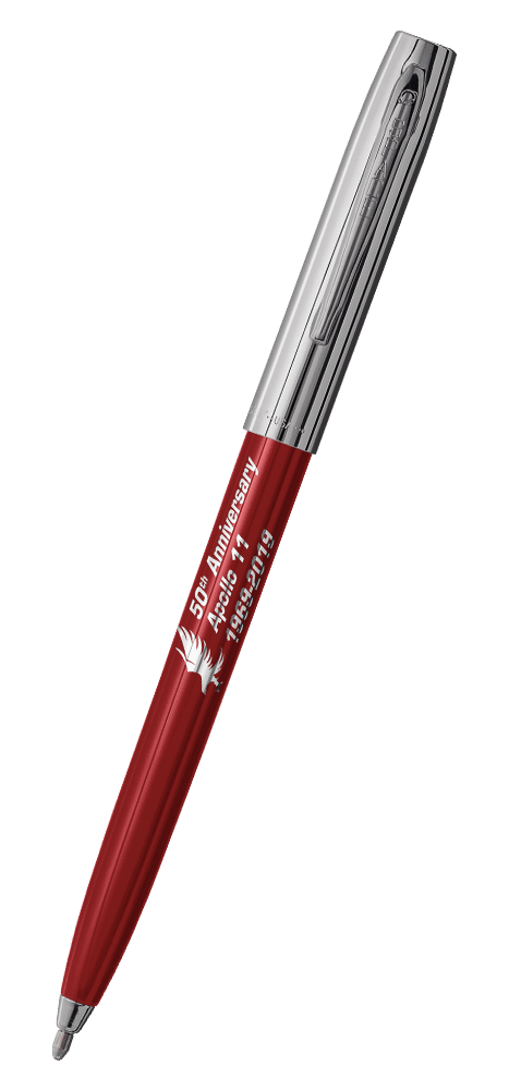 Cap-o-matic space pen with red plastic barrel, chrome cap with clip, chrome tip, and imprinted silver Apollo 11 50th Anniversary.
