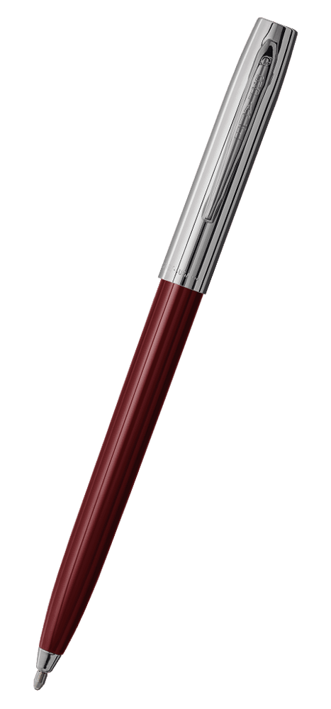 Cap-o-matic space pen with burgundy plastic barrel, chrome cap with clip, and chrome tip.