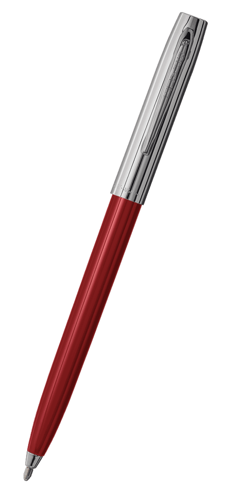 Cap-o-matic space pen with red plastic barrel, chrome cap with clip, and chrome tip.