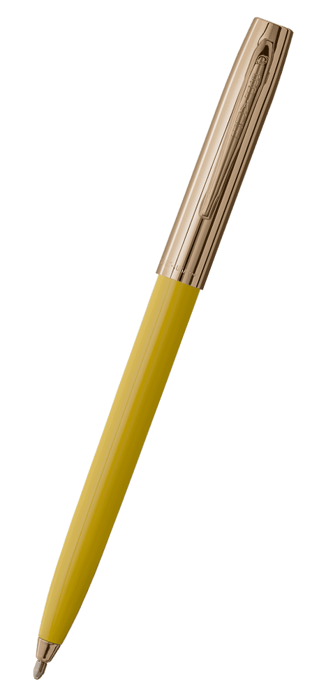 Cap-o-matic space pen with yellow plastic barrel, gold colored cap with clip, and gold colored tip.