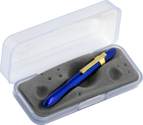 Closed 400BB-GFGGCL blue bullet space pen with gold colored clip  in gift box. The gift box is opaque plastic with an insert textured like the moon.