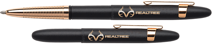 Left: open 400BGFGGCL-RT with cap on end of pen. The open pen reveals the gold colored finger grip.
Right: closed 400BGFGGCL-RT
