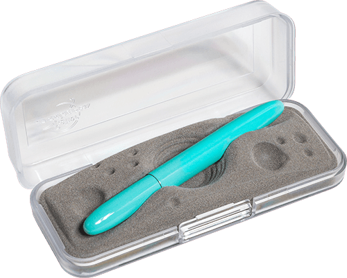 Closed 400TBL turquoise blue bullet space pen in gift box. The gift box is opaque plastic with an insert textured like the moon.