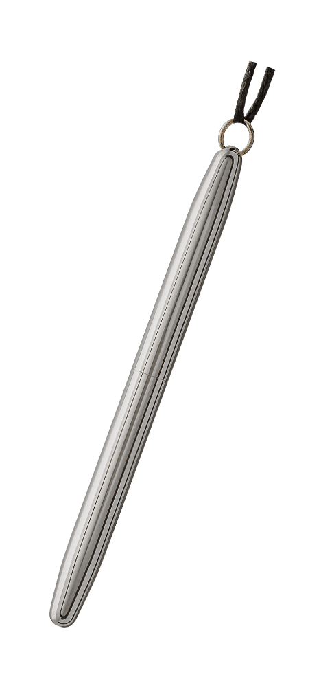 Fine sized chrome bullet space pen with ring on end of cap for chain or rope