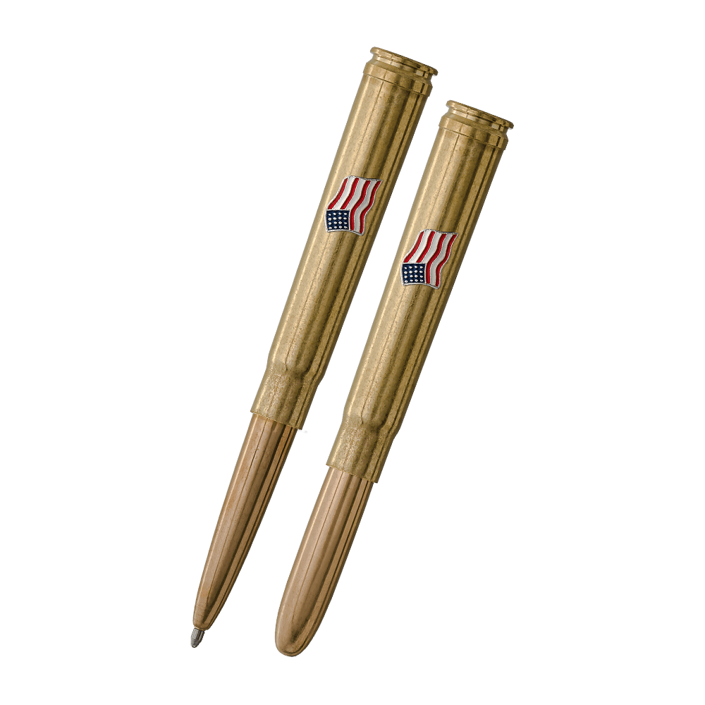 Open and Closed versions of .375 cartridge space pen with American flag emblem