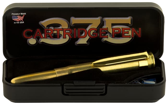Closed .375 cartridge space pen with gold clip in black gift box. Insert in gift box reads .375 cartridge pen