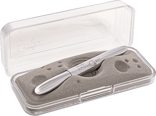 Closed 400-13-50 chrome bullet space pen with Apollo 13 50th Anniversary engraving in gift box. The gift box is opaque plastic with an insert textured like the moon.