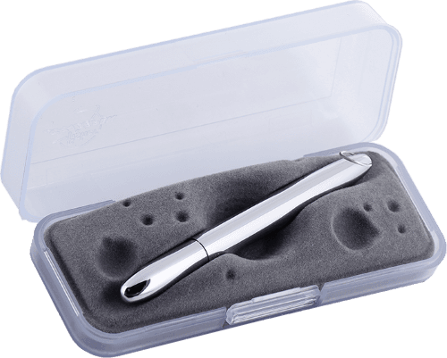 Closed 400/JR chrome bullet space pen with jump ring in gift box. The gift box is opaque plastic with an insert textured like the moon.