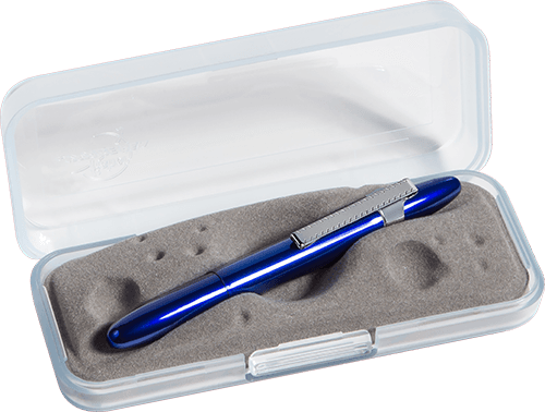 Closed 400BBCL blue bullet space pen with chrome clip in gift box. The gift box is opaque plastic with an insert textured like the moon.