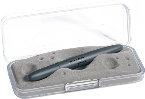 Closed 400E-220-AXM Elite Navy Cerakote bullet space pen with printed Axiom Space logo in gift box. The gift box is opaque plastic with an insert textured like the moon.