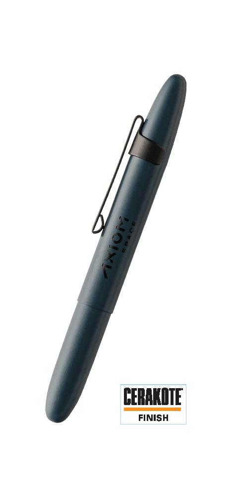 Closed 400E-220-BCL-AXM Elite Navy Cerakote bullet space pen with matte black clip with printed Axiom Space logo