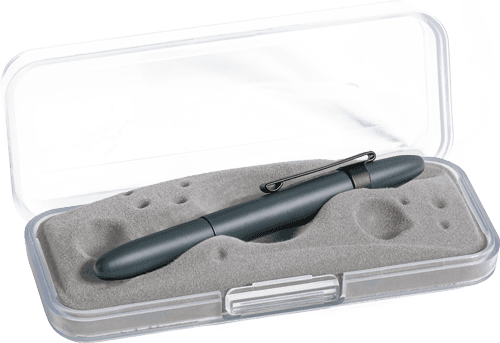 Closed 400E-220-BCL Elite Navy Cerakote bullet space pen with matte black clip in gift box. The gift box is opaque plastic with an insert textured like the moon.