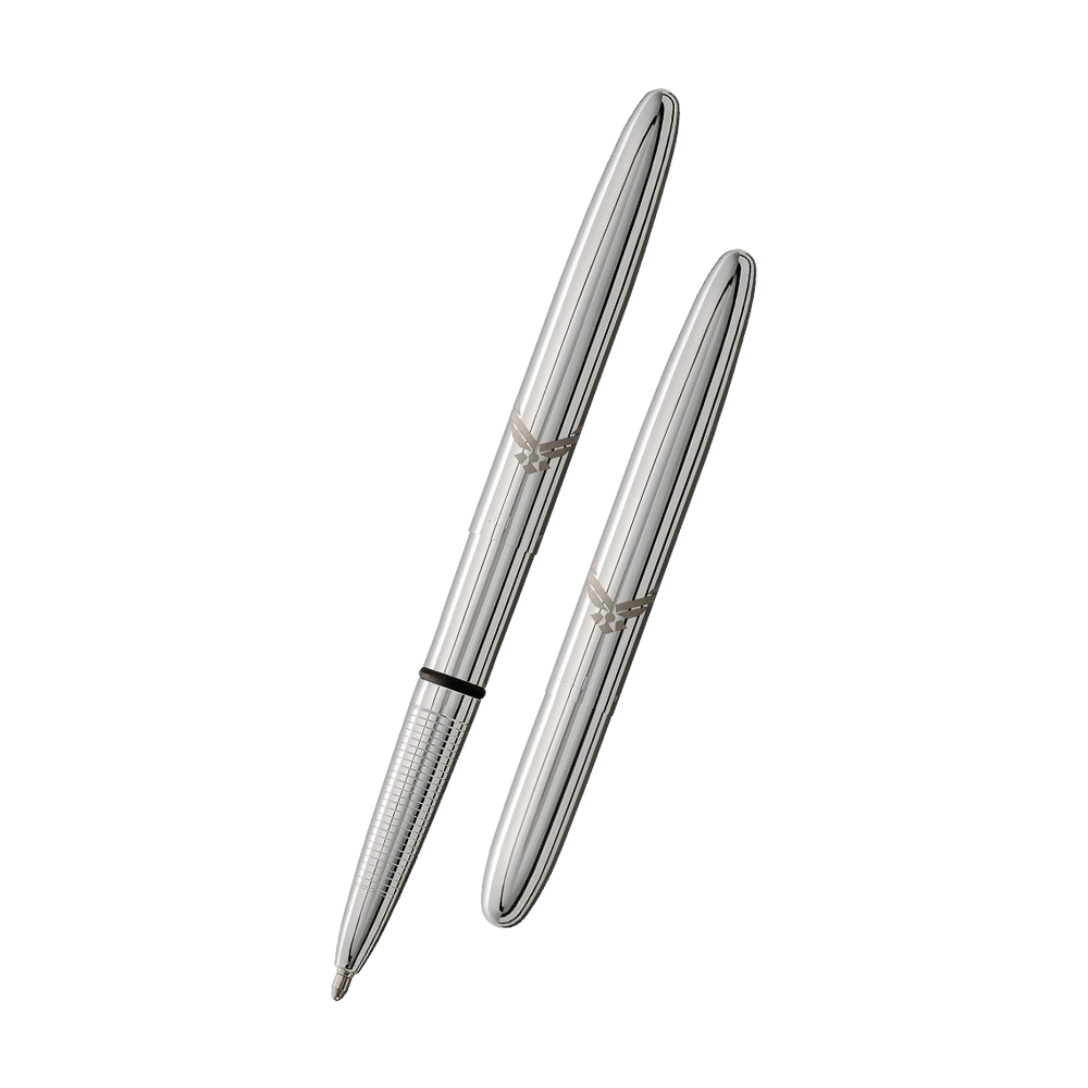 Left: open 400AF-WING chrome bullet space pen with cap on end of pen 
Right: Closed 400AF-WING chrome bullet space pen