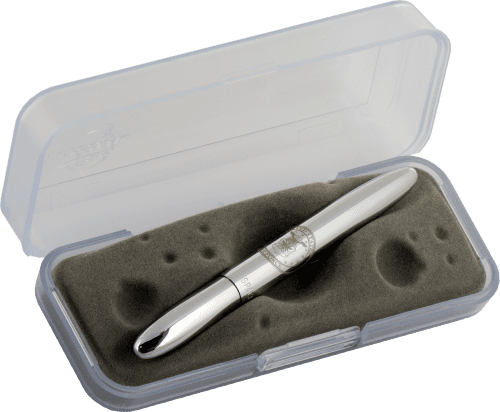 Closed 400AF chrome bullet space pen in gift box. The gift box is opaque plastic with an insert textured like the moon.