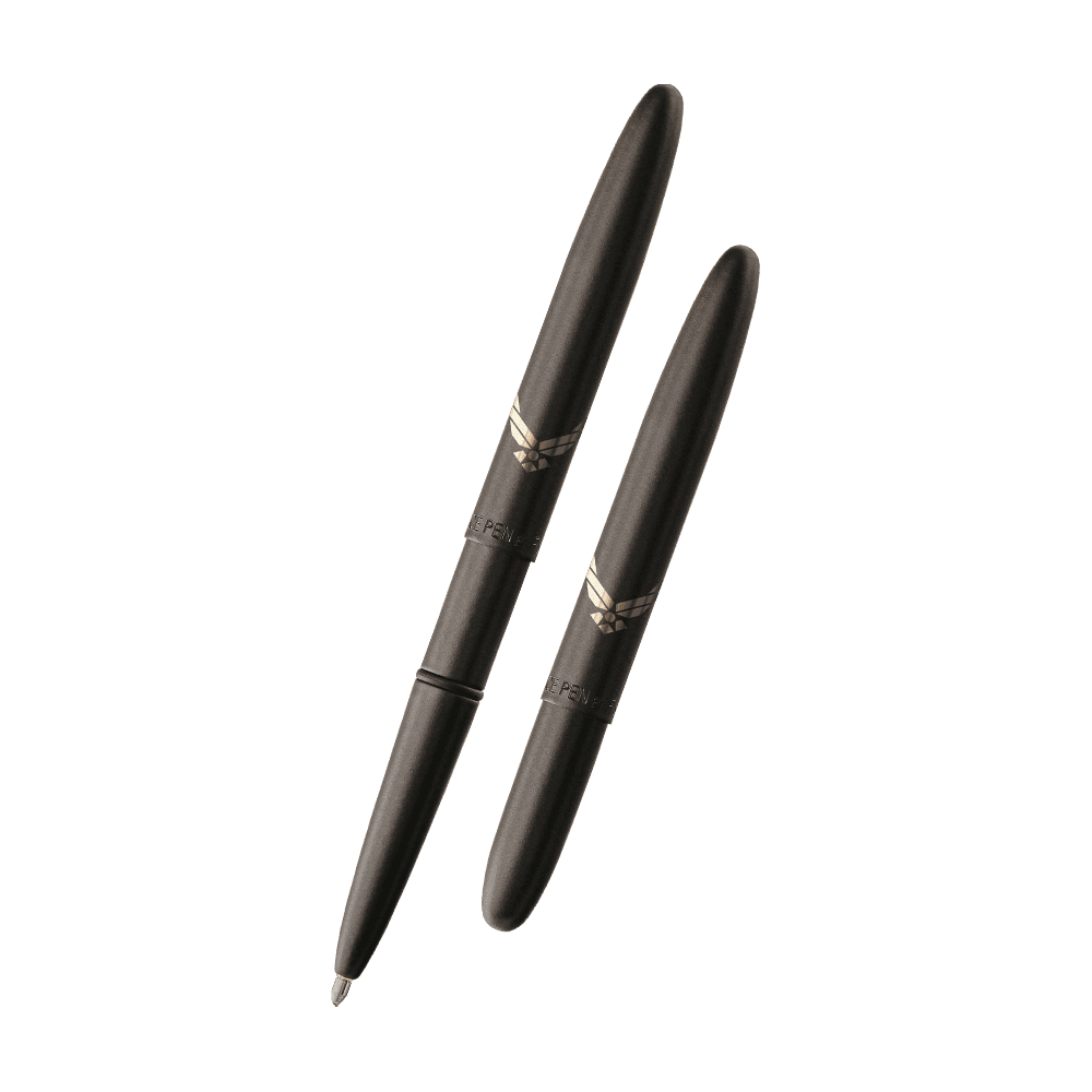 Left: open 400B-AF-WING matte black bullet space pen with cap on end of pen
Right: Closed 400B-AF-WING matte black bullet space pen