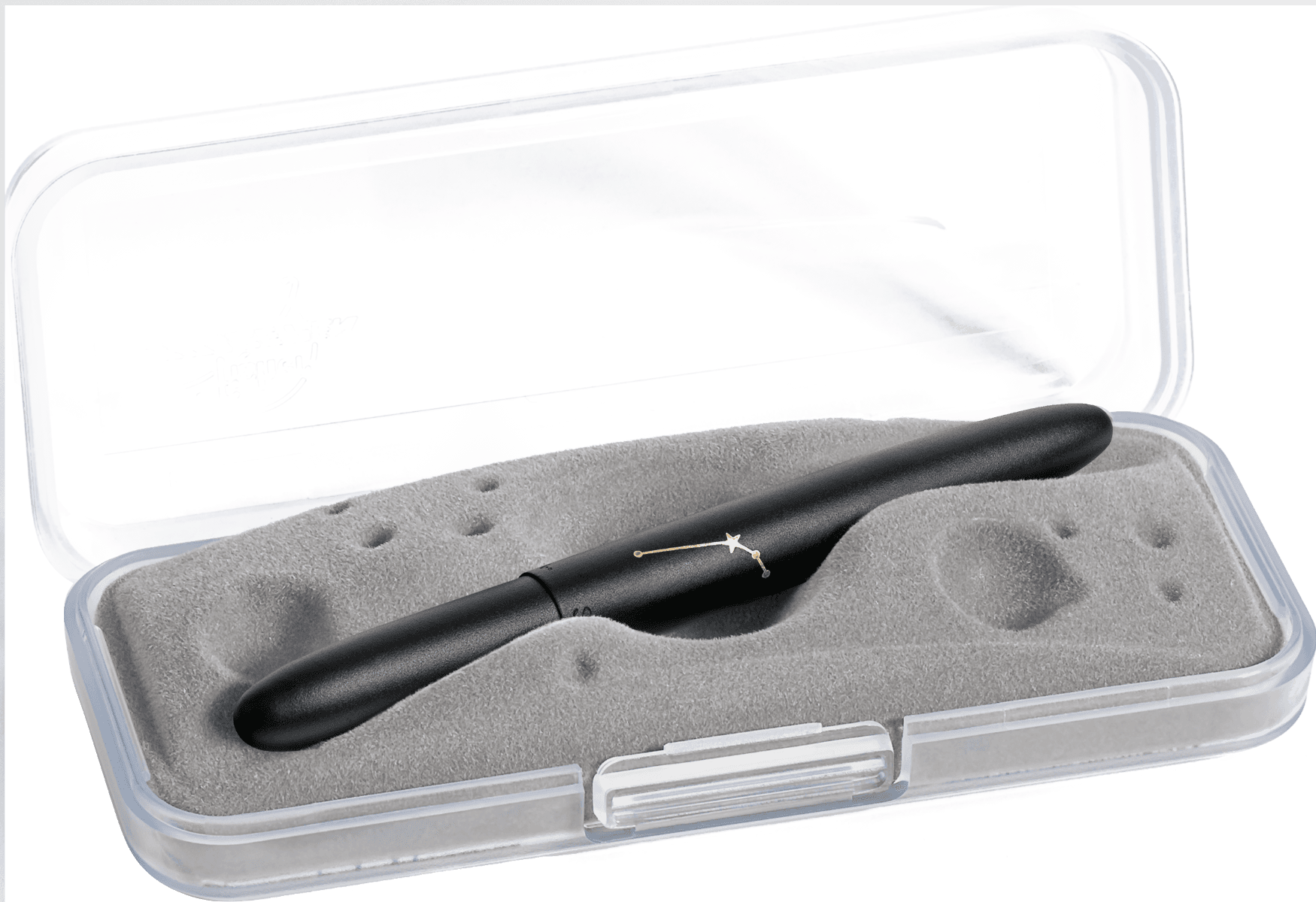 Closed 400B-ARI matte black bullet space pen in gift box. The gift box is opaque plastic with an insert textured like the moon.