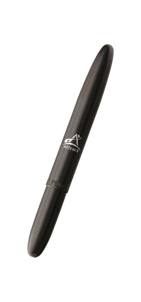 Closed 400B-ART matte black bullet space pen with printed Artemis logo