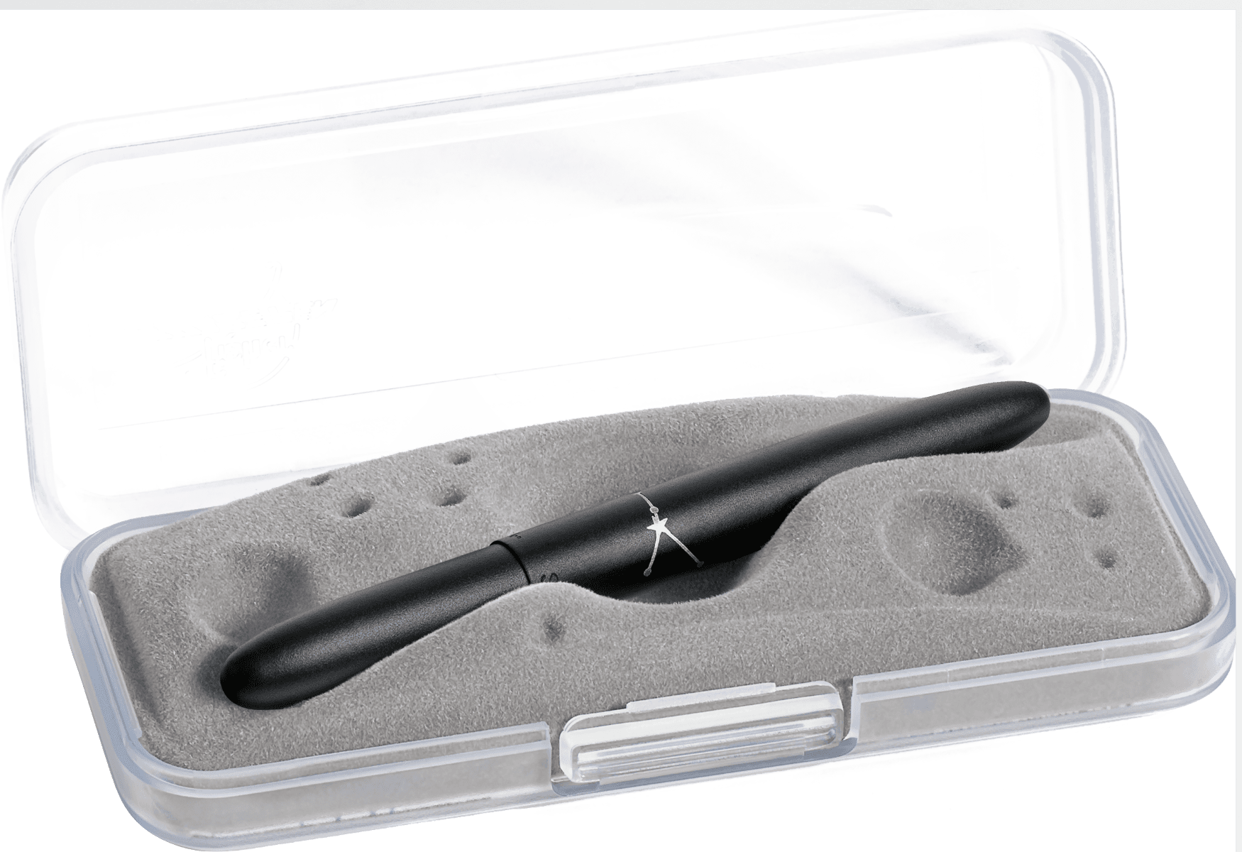 Closed 400B-CC matte black bullet space pen in gift box. The gift box is opaque plastic with an insert textured like the moon.