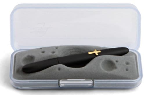Closed 600BCR matte black bullet space pen with cross emblem in gift box. The gift box is opaque plastic with an insert textured like the moon.