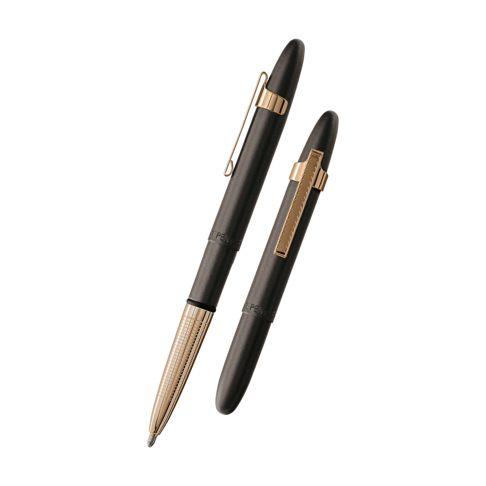Left: open 400B-GFGGCL with cap on end of pen, gold colored clip and gold colored grip
Right: closed 400B-GFGGCL with gold colored clip