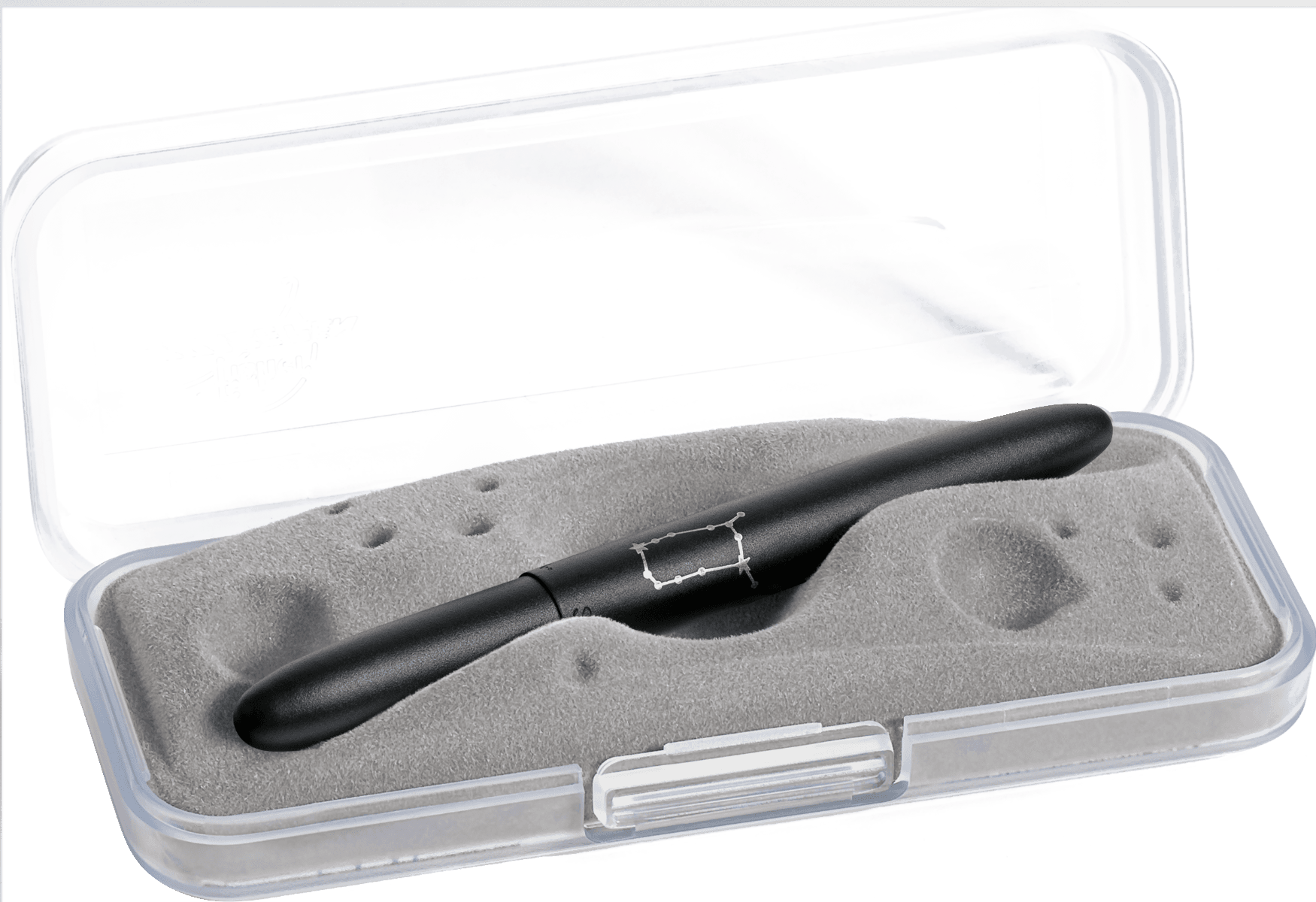 Closed 400B-GM matte black bullet space pen in gift box. The gift box is opaque plastic with an insert textured like the moon.