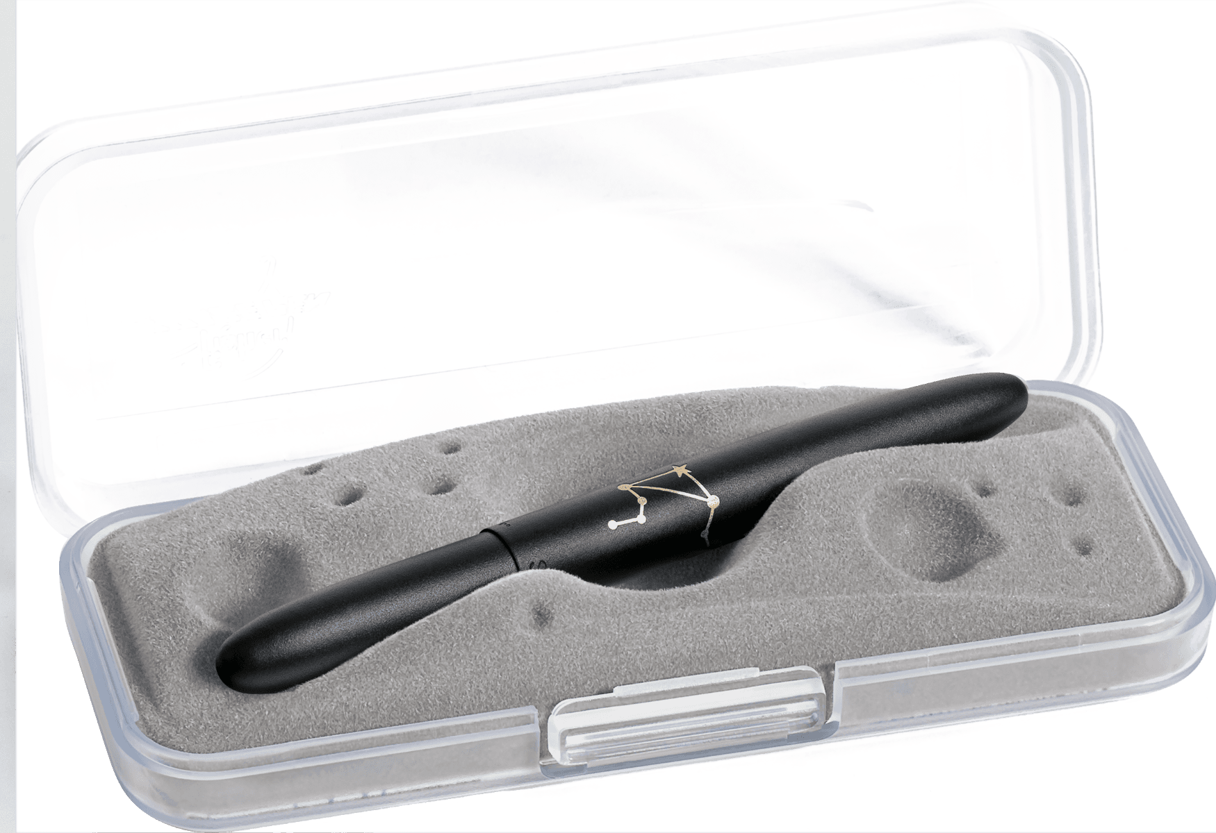 Closed 400B-LI matte black bullet space pen in gift box. The gift box is opaque plastic with an insert textured like the moon.