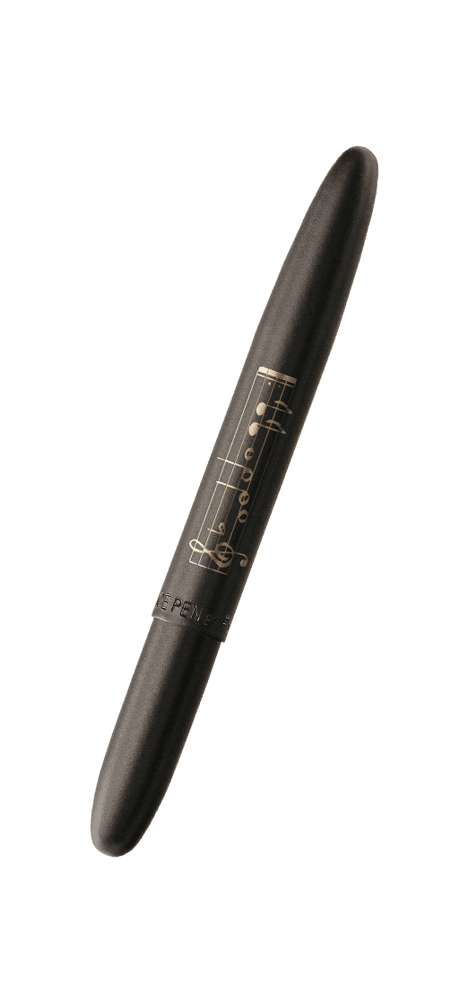Closed 400B-MN matte black bullet space pen with musical notes engraving
