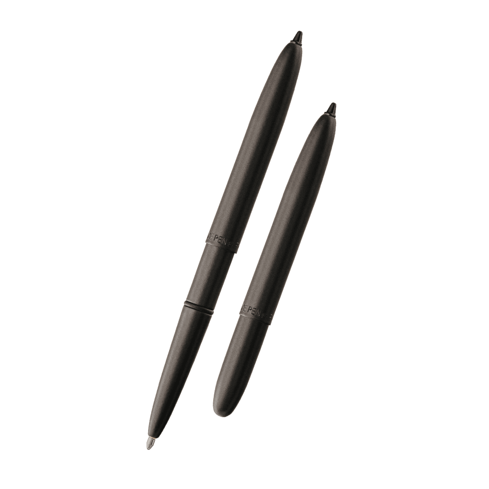 Left: open 400B/S matte black bullet space pen with black hard tip stylus with cap on end of pen
Right: closed 400B/S matte black bullet space pen with black hard tip stylus