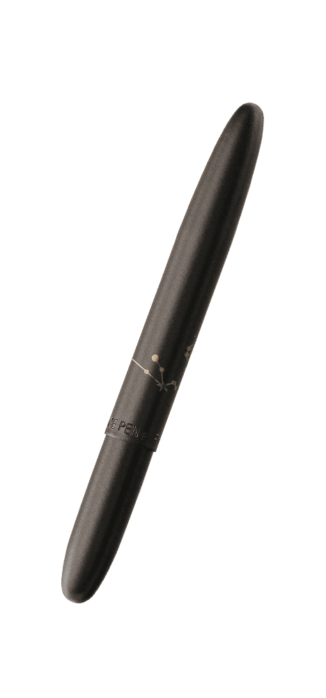 Closed 400B-AQ matte black bullet space pen with an engraved Aquarius constellation