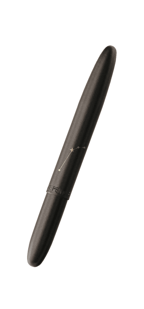 Closed 400B-ARI matte black bullet space pen with an engraved Aries constellation