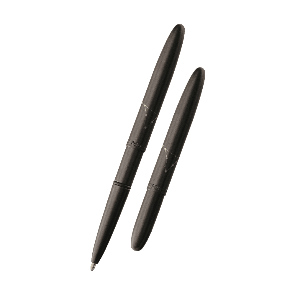 Left: open 400B-CP matte black bullet space pen with cap on end of pen
Right: closed 400B-CP matte black bullet space pen