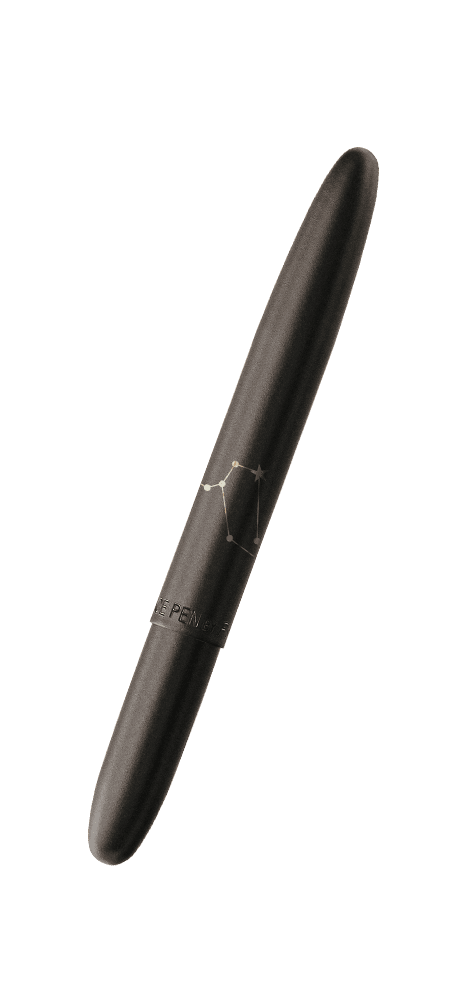 Closed 400B-LE matte black bullet space pen with an engraved Leo constellation